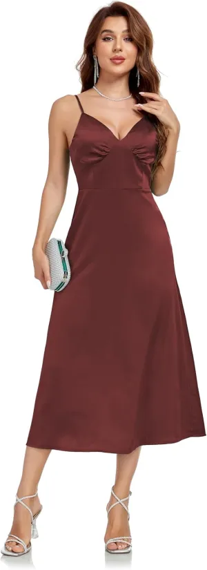 Womens Midi Satin Silk Spaghetti Strap Dresses Slip V Neck Cocktail Casual Party Sexy Dress