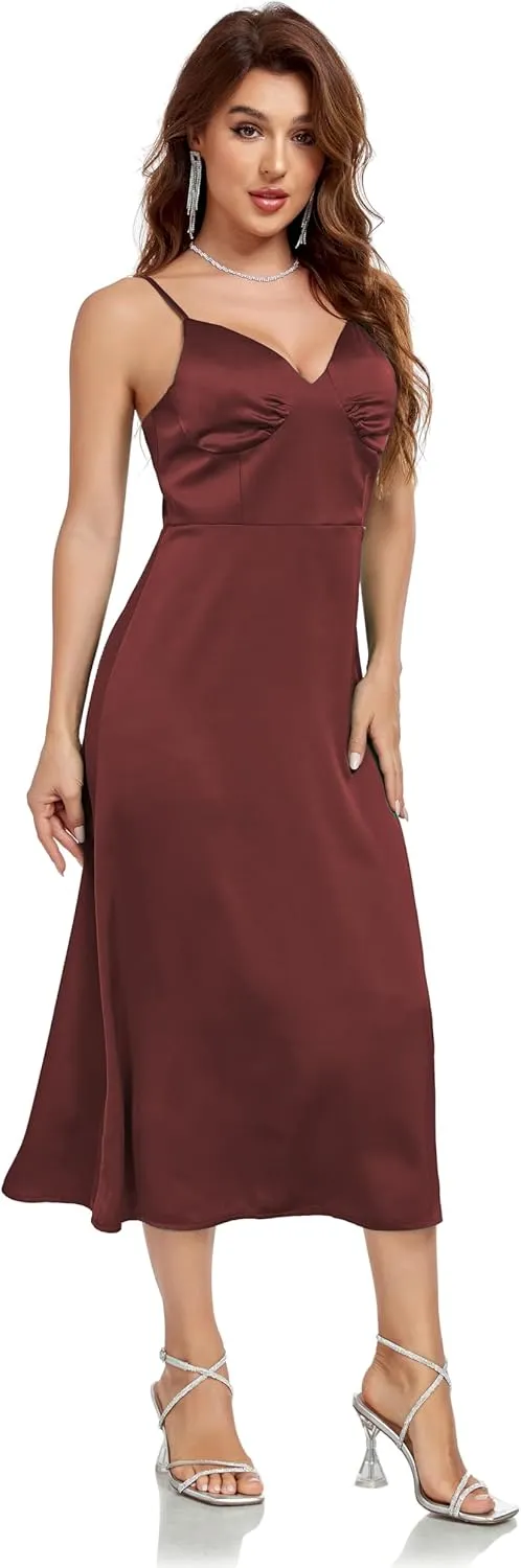 Womens Midi Satin Silk Spaghetti Strap Dresses Slip V Neck Cocktail Casual Party Sexy Dress