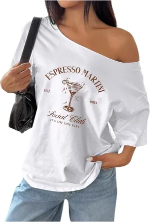 Women's Oversized Off Shoulder Graphic Tees Short Sleeve Bow Letter Print T Shirts Y2K Tops