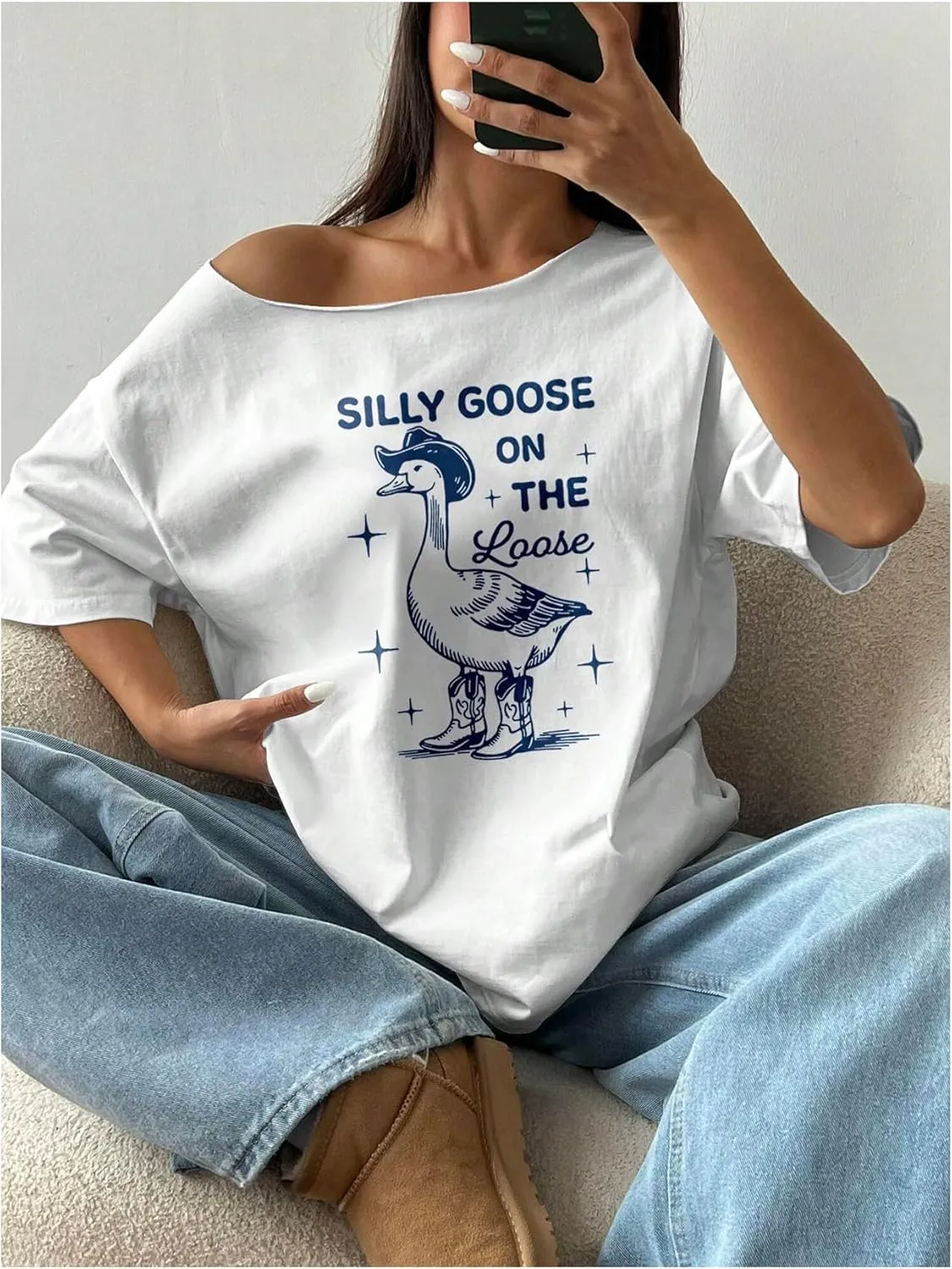 Women's Oversized Off Shoulder Graphic Tees Short Sleeve Bow Letter Print T Shirts Y2K Tops