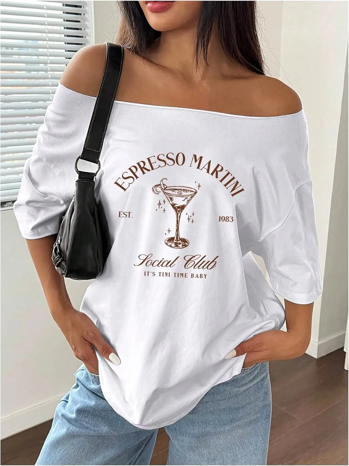 Women's Oversized Off Shoulder Graphic Tees Short Sleeve Bow Letter Print T Shirts Y2K Tops