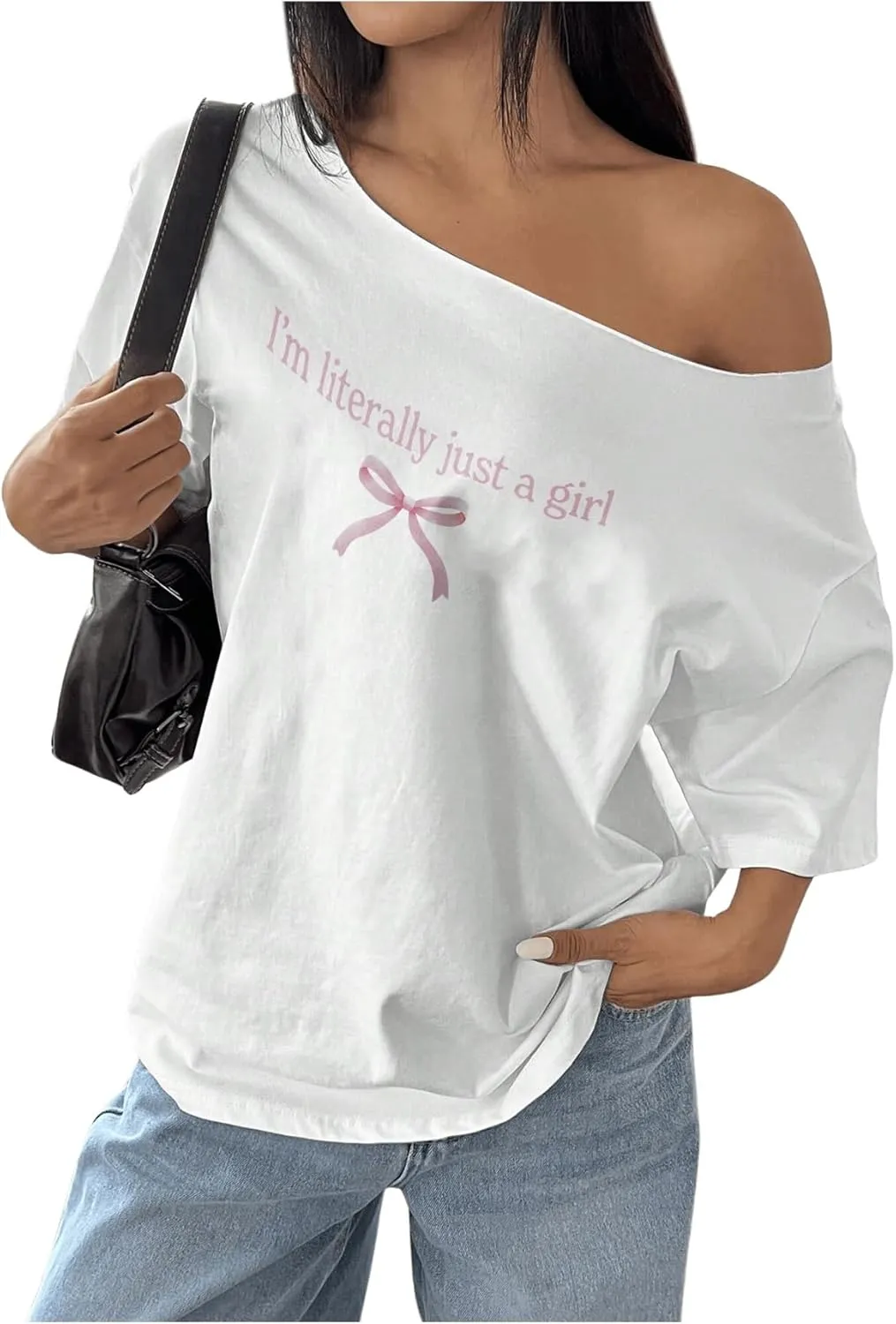 Women's Oversized Off Shoulder Graphic Tees Short Sleeve Bow Letter Print T Shirts Y2K Tops