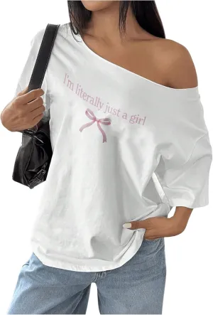 Women's Oversized Off Shoulder Graphic Tees Short Sleeve Bow Letter Print T Shirts Y2K Tops
