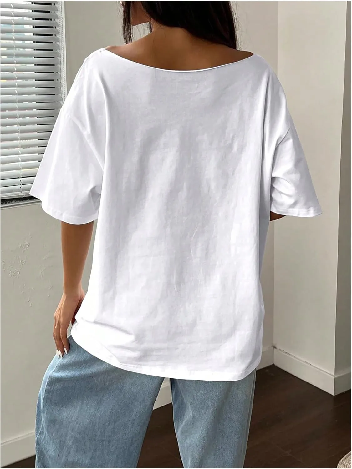 Women's Oversized Off Shoulder Graphic Tees Short Sleeve Bow Letter Print T Shirts Y2K Tops