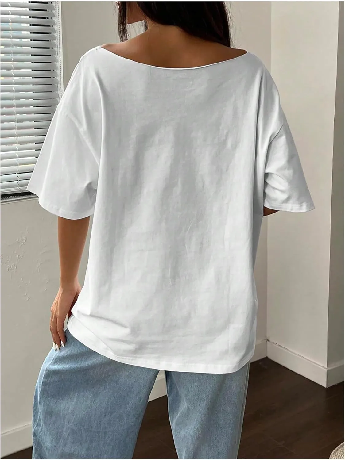 Women's Oversized Off Shoulder Graphic Tees Short Sleeve Bow Letter Print T Shirts Y2K Tops