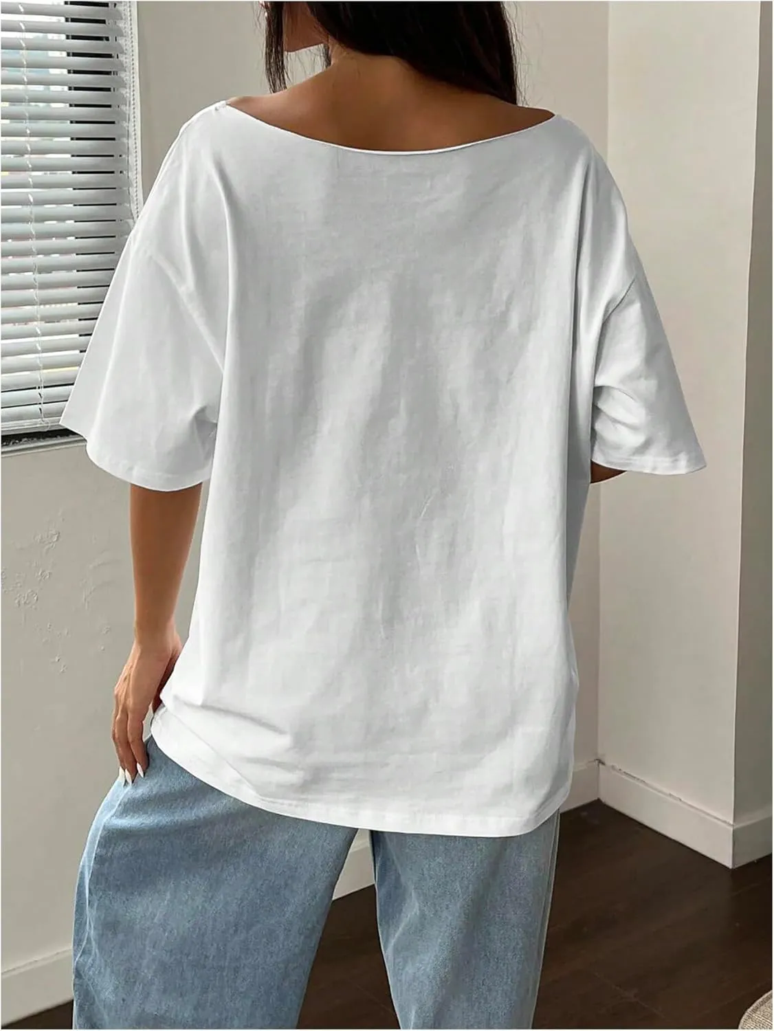Women's Oversized Off Shoulder Graphic Tees Short Sleeve Bow Letter Print T Shirts Y2K Tops
