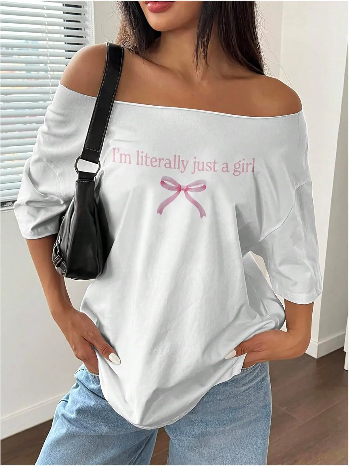 Women's Oversized Off Shoulder Graphic Tees Short Sleeve Bow Letter Print T Shirts Y2K Tops