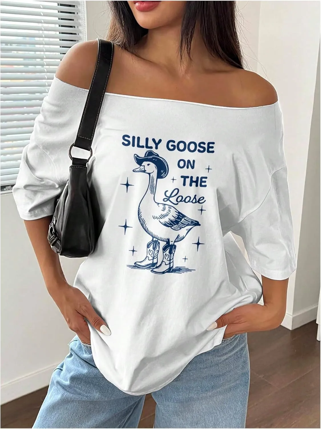 Women's Oversized Off Shoulder Graphic Tees Short Sleeve Bow Letter Print T Shirts Y2K Tops