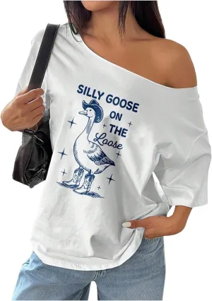 Women's Oversized Off Shoulder Graphic Tees Short Sleeve Bow Letter Print T Shirts Y2K Tops