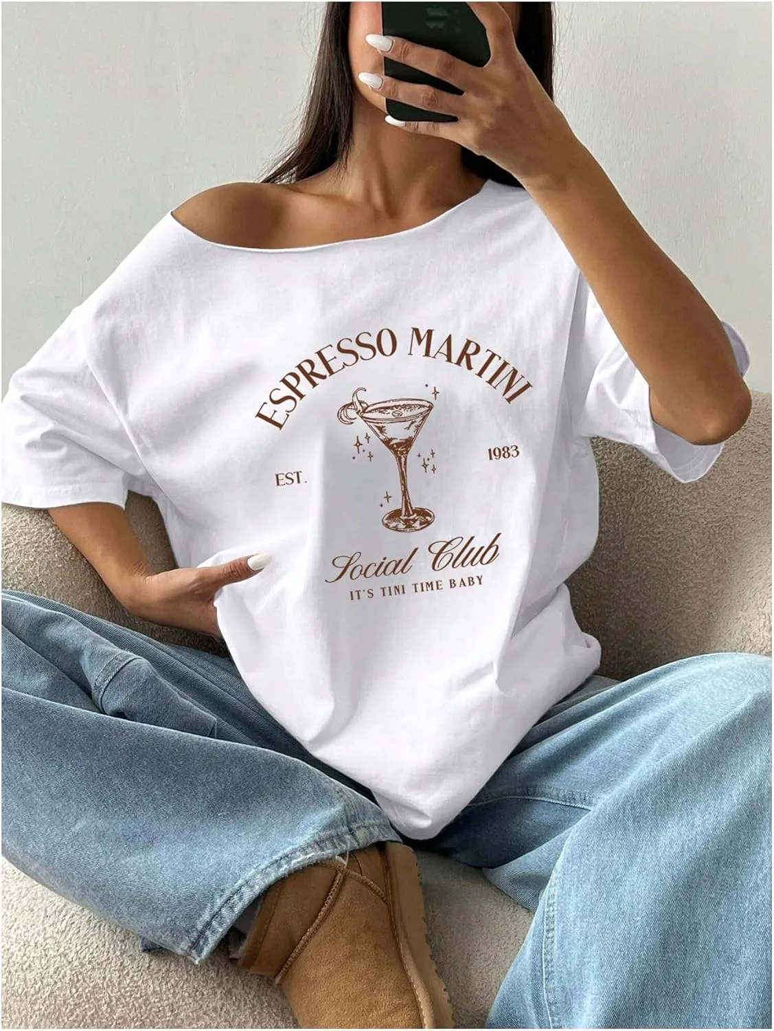Women's Oversized Off Shoulder Graphic Tees Short Sleeve Bow Letter Print T Shirts Y2K Tops