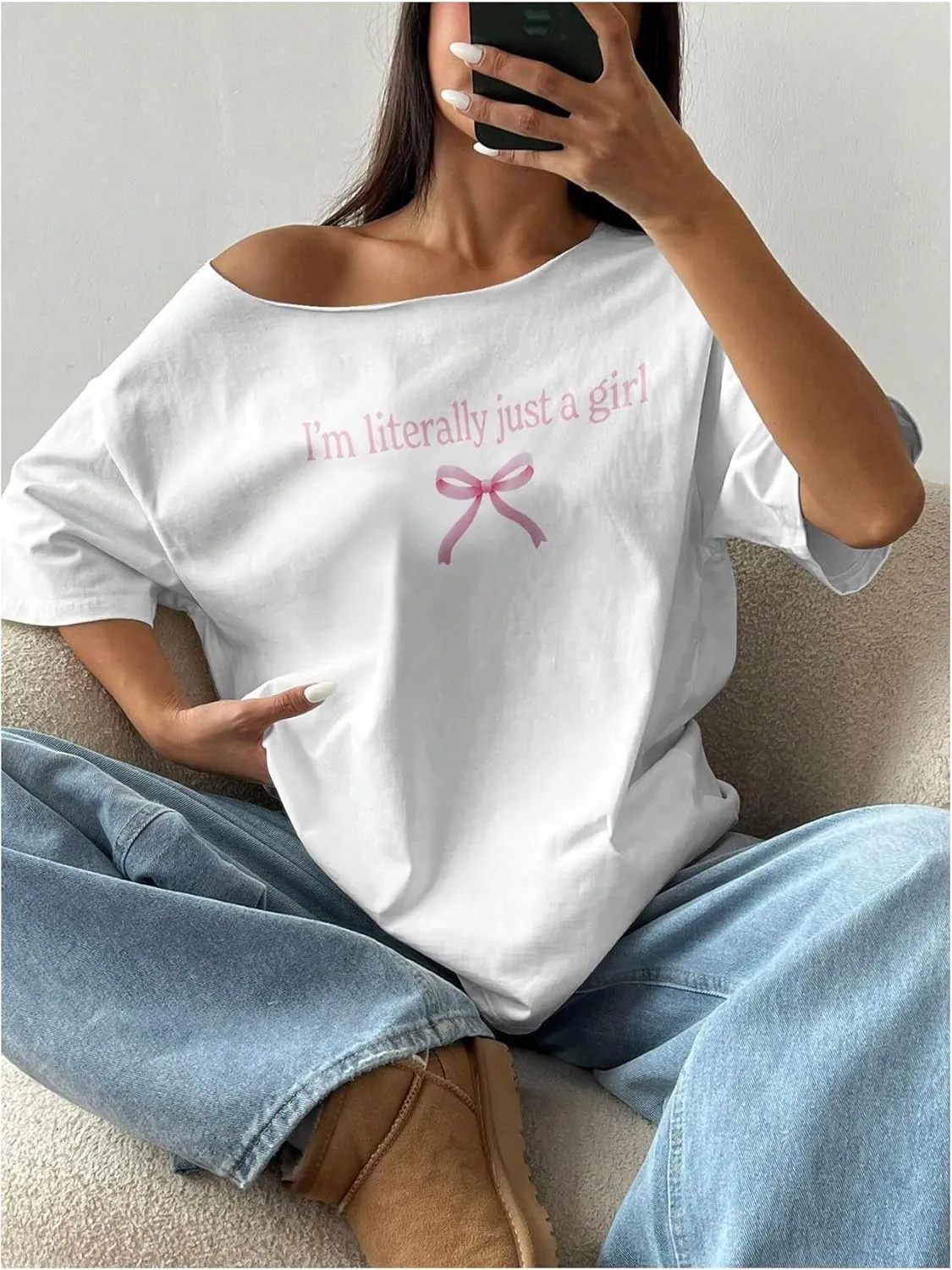 Women's Oversized Off Shoulder Graphic Tees Short Sleeve Bow Letter Print T Shirts Y2K Tops