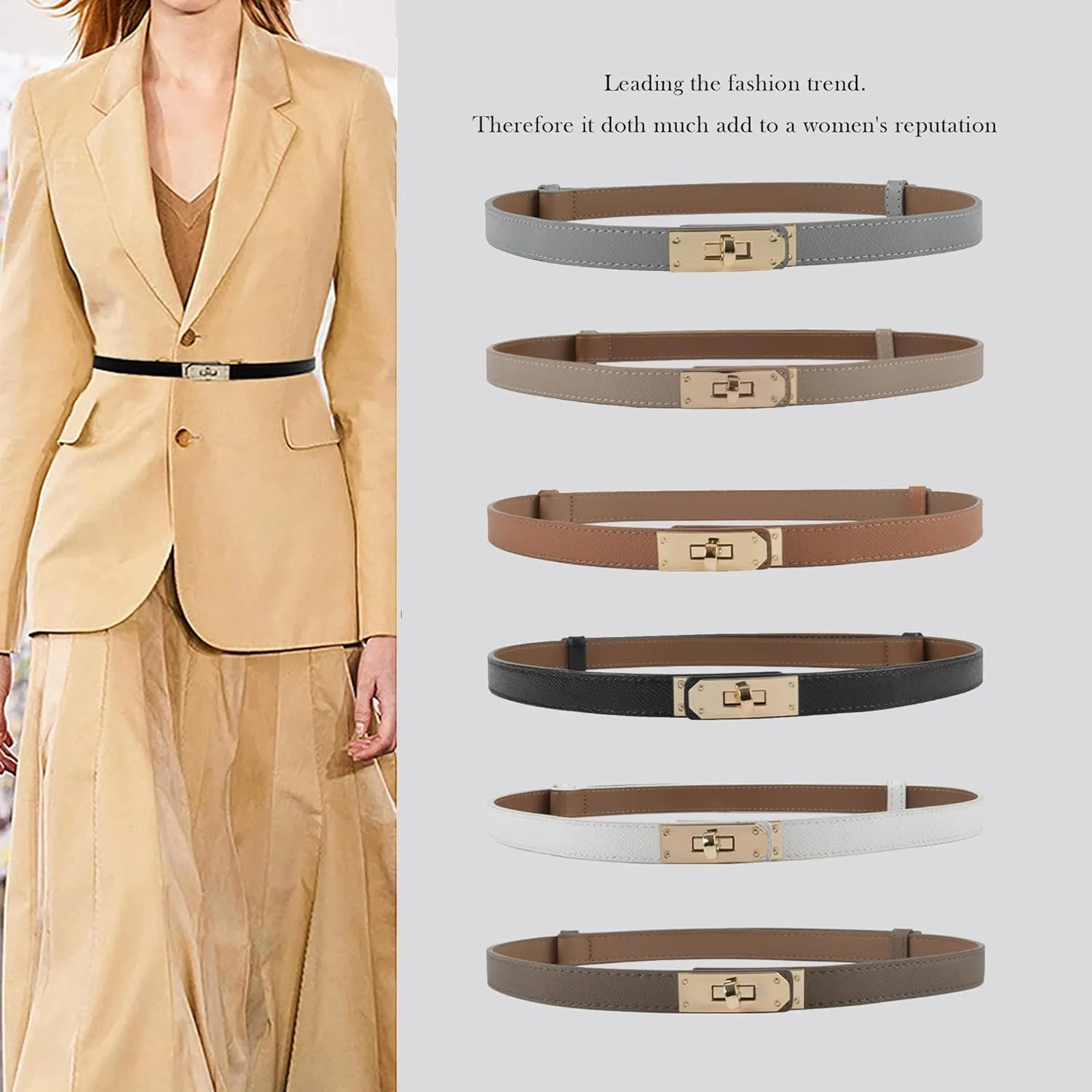 Women's Skinny Leather Belt with Adjustable Silver Turn-Lock Buckle - Ideal for Dresses, Jeans, and Coats, Black