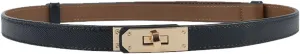 Women's Skinny Leather Belt with Adjustable Silver Turn-Lock Buckle - Ideal for Dresses, Jeans, and Coats, Black