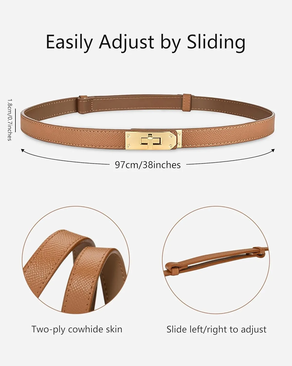 Women's Skinny Leather Belt with Adjustable Silver Turn-Lock Buckle - Ideal for Dresses, Jeans, and Coats, Black