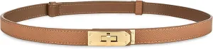 Women's Skinny Leather Belt with Adjustable Silver Turn-Lock Buckle - Ideal for Dresses, Jeans, and Coats, Black