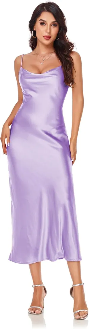 Women's Spaghetti Strap Midi Satin Silk Dresses Slip Cowl Neck Party Cocktail Evening Sexy Dress