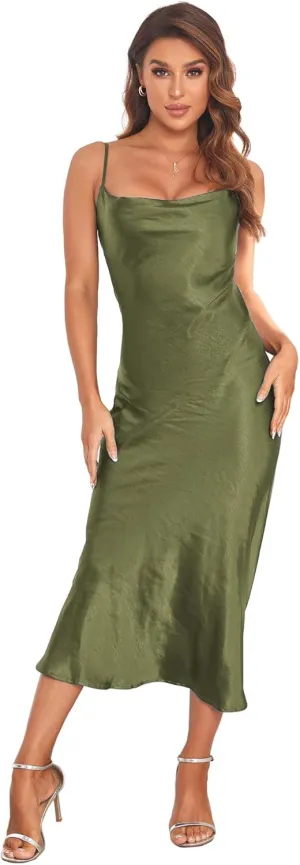 Women's Spaghetti Strap Midi Satin Silk Dresses Slip Cowl Neck Party Cocktail Evening Sexy Dress