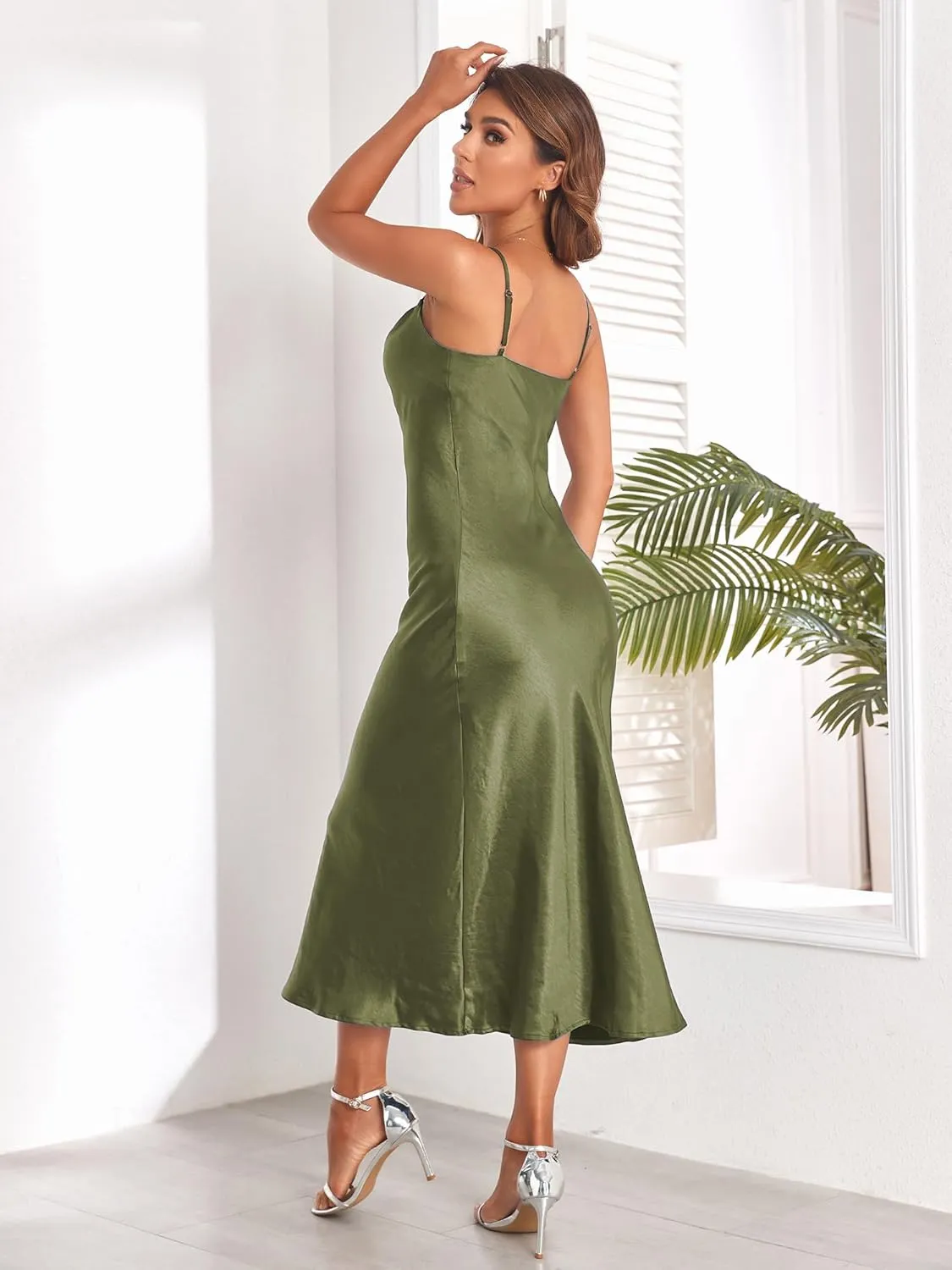 Women's Spaghetti Strap Midi Satin Silk Dresses Slip Cowl Neck Party Cocktail Evening Sexy Dress