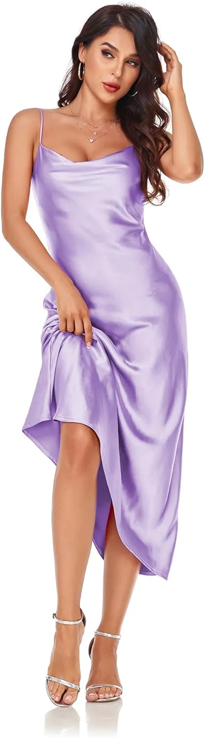 Women's Spaghetti Strap Midi Satin Silk Dresses Slip Cowl Neck Party Cocktail Evening Sexy Dress