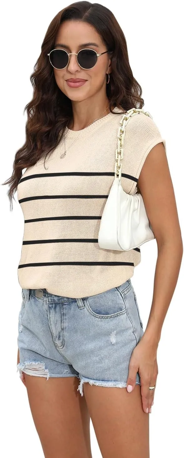 Womens Summer Sweater Vest Cap Sleeve Crew Neck Casual Loose Fit Knit Lightweight Pullover Tank Top for Spring Summer