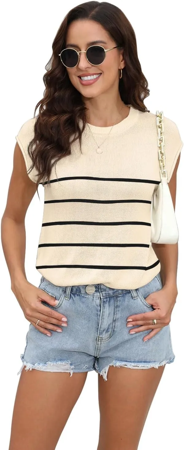 Womens Summer Sweater Vest Cap Sleeve Crew Neck Casual Loose Fit Knit Lightweight Pullover Tank Top for Spring Summer