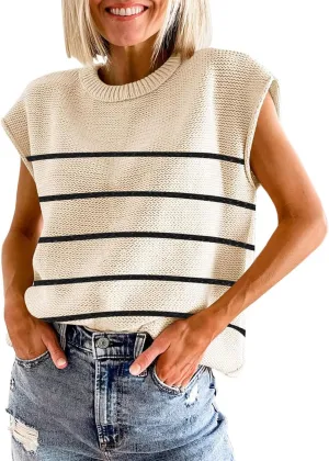 Womens Summer Sweater Vest Cap Sleeve Crew Neck Casual Loose Fit Knit Lightweight Pullover Tank Top for Spring Summer