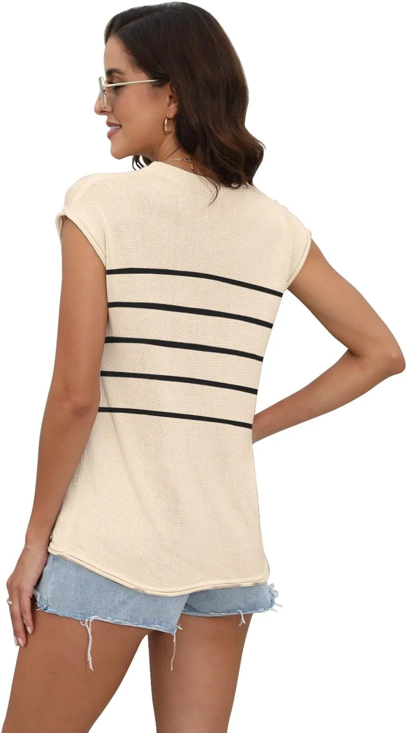Womens Summer Sweater Vest Cap Sleeve Crew Neck Casual Loose Fit Knit Lightweight Pullover Tank Top for Spring Summer