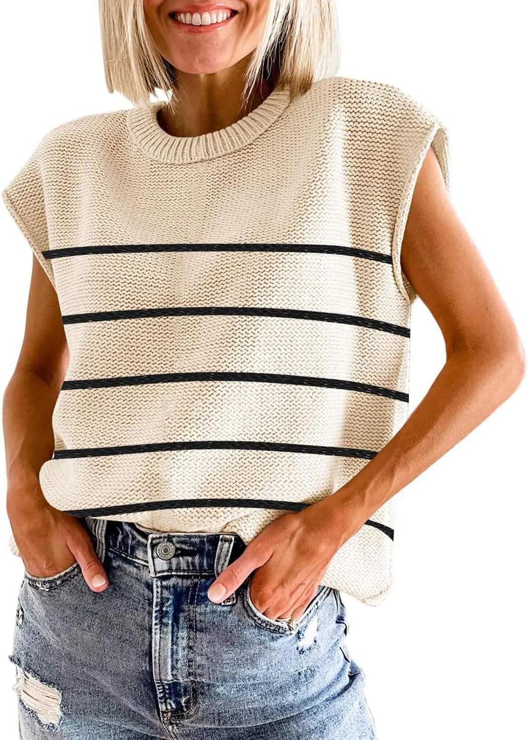 Womens Summer Sweater Vest Cap Sleeve Crew Neck Casual Loose Fit Knit Lightweight Pullover Tank Top for Spring Summer