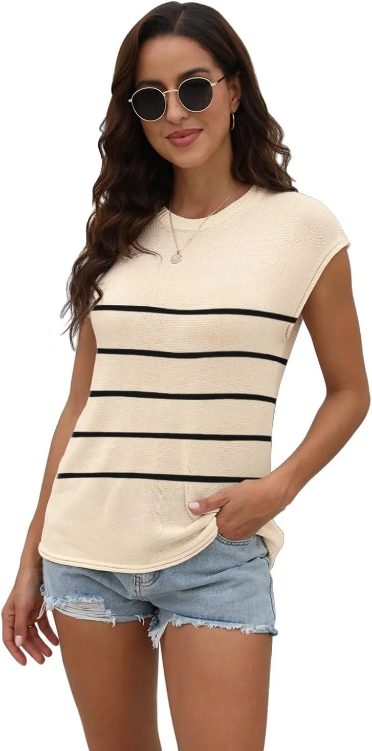 Womens Summer Sweater Vest Cap Sleeve Crew Neck Casual Loose Fit Knit Lightweight Pullover Tank Top for Spring Summer