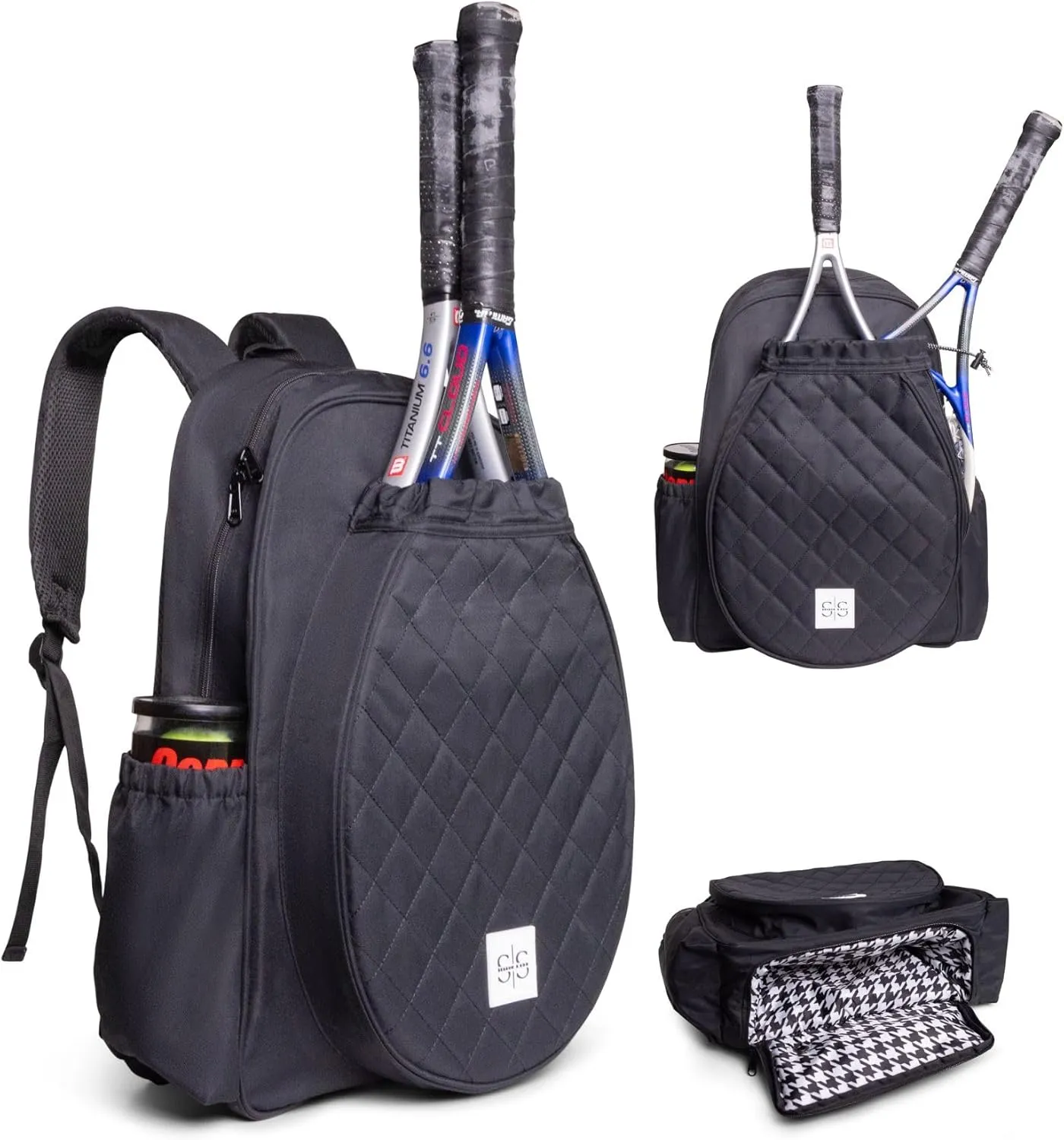 Womens Tennis Bag (Black) - Tennis Racket Bag w/ Vented Shoe Pocket - Tennis Backpack for Men & Women Holds 2 Rackets - Polyester Compact Backpack Storage Organization Bags for Balls, Shoes, & More