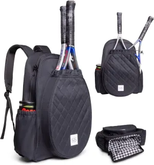 Womens Tennis Bag (Black) - Tennis Racket Bag w/ Vented Shoe Pocket - Tennis Backpack for Men & Women Holds 2 Rackets - Polyester Compact Backpack Storage Organization Bags for Balls, Shoes, & More