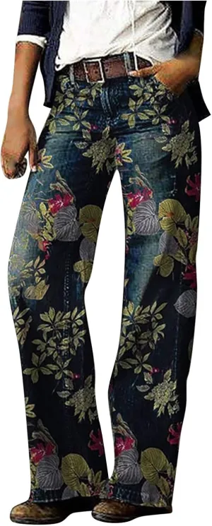 Women's Vintage Floral Printed Baggy Y2K Jeans with Belt - Wide-Leg Denim Pants