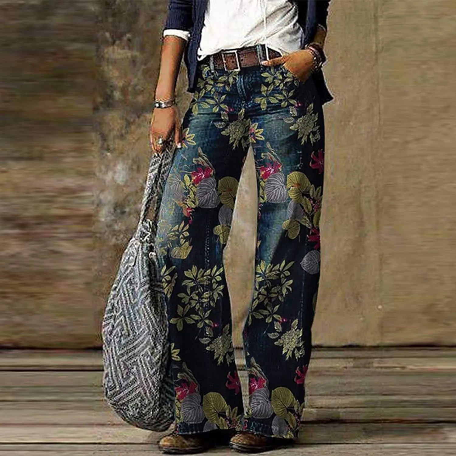 Women's Vintage Floral Printed Baggy Y2K Jeans with Belt - Wide-Leg Denim Pants