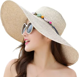 Women's Wide Brim Sun Protection Straw Hat,Folable Floppy Hat,Summer UV Protection Beach Cap