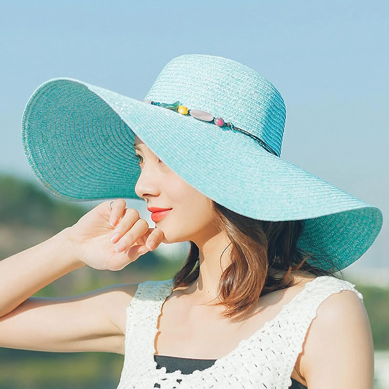 Women's Wide Brim Sun Protection Straw Hat,Folable Floppy Hat,Summer UV Protection Beach Cap