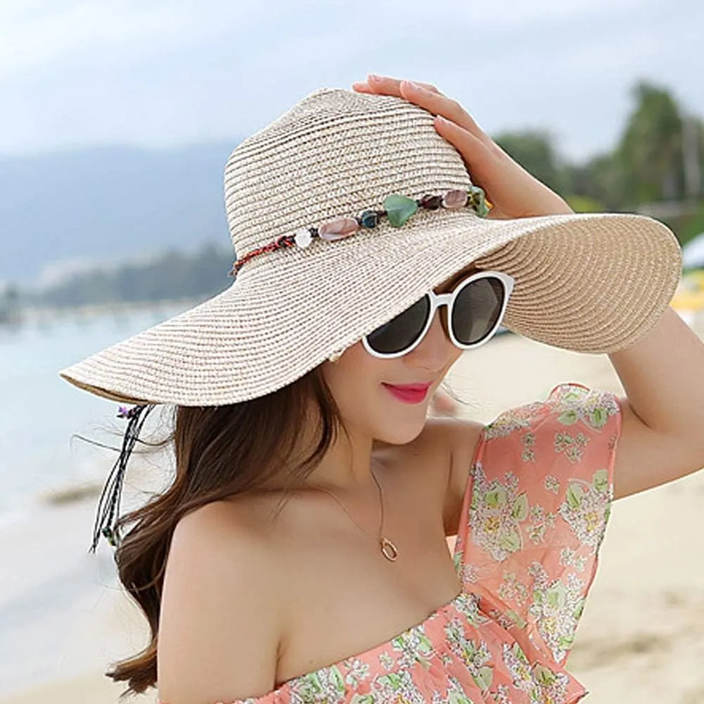 Women's Wide Brim Sun Protection Straw Hat,Folable Floppy Hat,Summer UV Protection Beach Cap