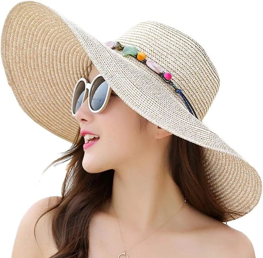 Women's Wide Brim Sun Protection Straw Hat,Folable Floppy Hat,Summer UV Protection Beach Cap