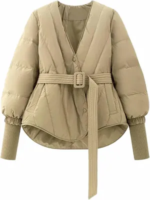 Women's Winter Long Sleeve Waist Cinched Jacket V-Neck Baggy Short Coats with Pockets