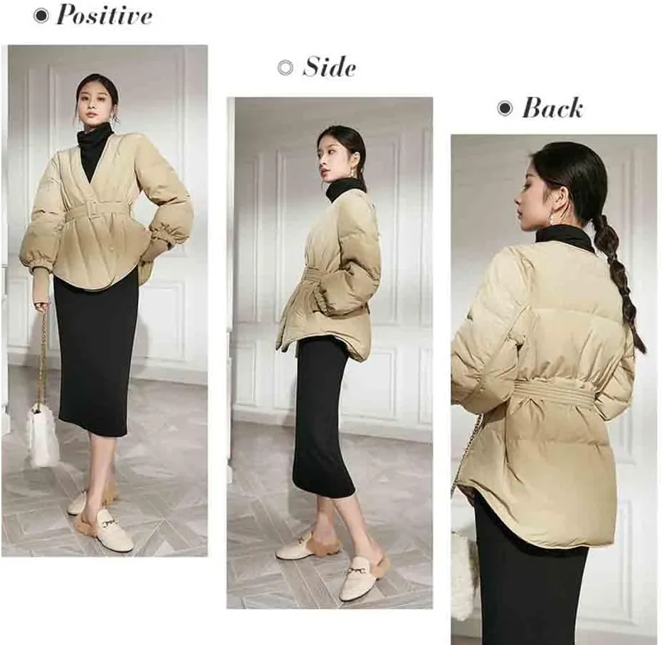 Women's Winter Long Sleeve Waist Cinched Jacket V-Neck Baggy Short Coats with Pockets
