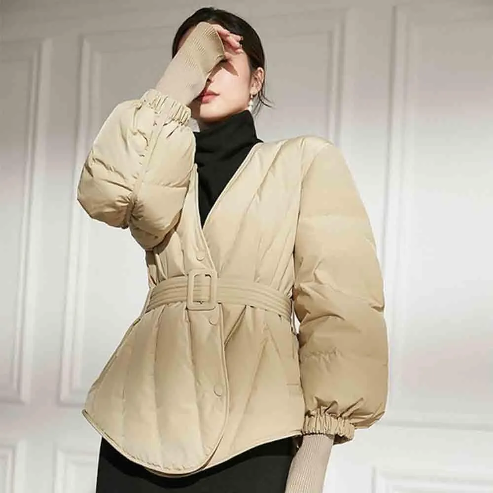 Women's Winter Long Sleeve Waist Cinched Jacket V-Neck Baggy Short Coats with Pockets