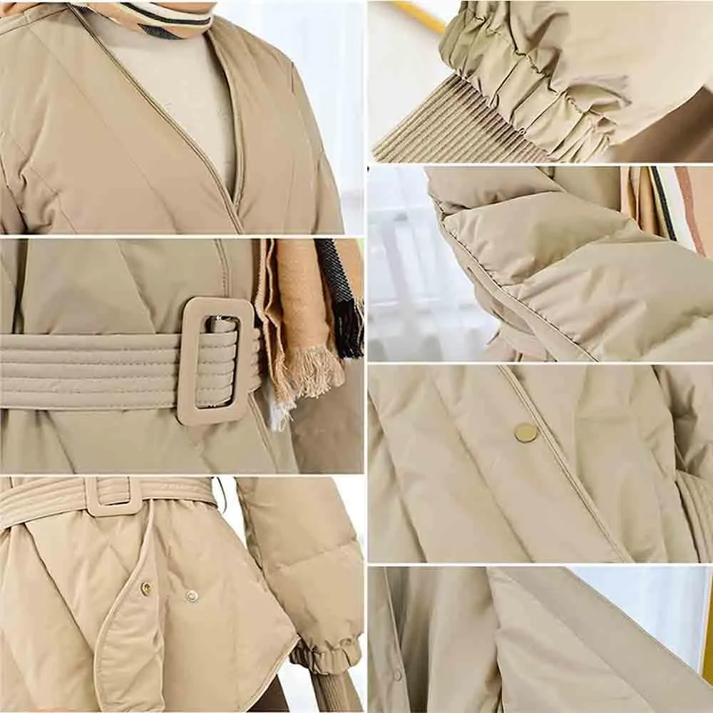 Women's Winter Long Sleeve Waist Cinched Jacket V-Neck Baggy Short Coats with Pockets