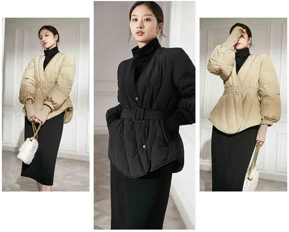 Women's Winter Long Sleeve Waist Cinched Jacket V-Neck Baggy Short Coats with Pockets
