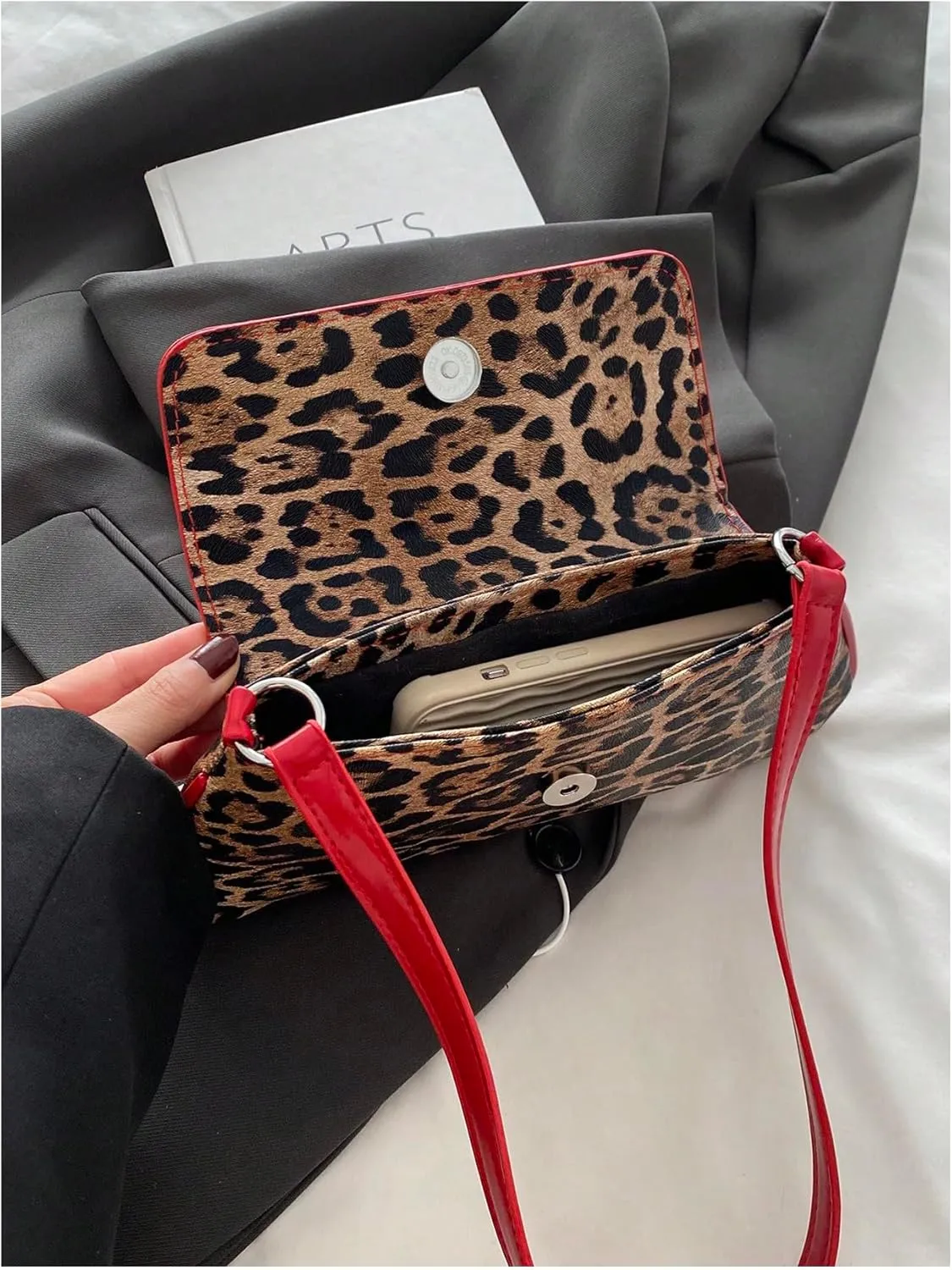 Women's Y2K Leopard Flap Shoulder Handbags Contrast Binding Bowknot Underarm Bag Purse