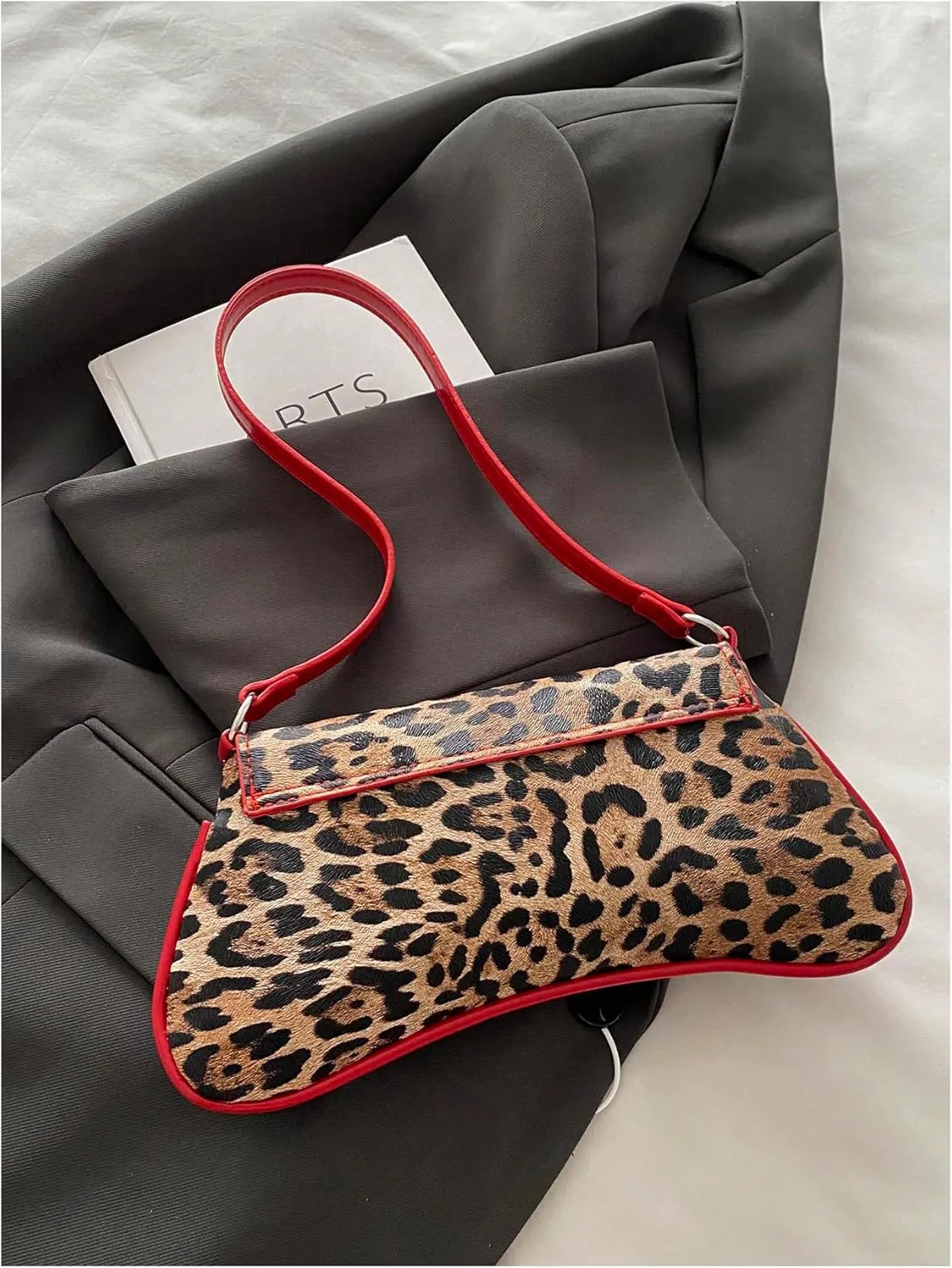 Women's Y2K Leopard Flap Shoulder Handbags Contrast Binding Bowknot Underarm Bag Purse
