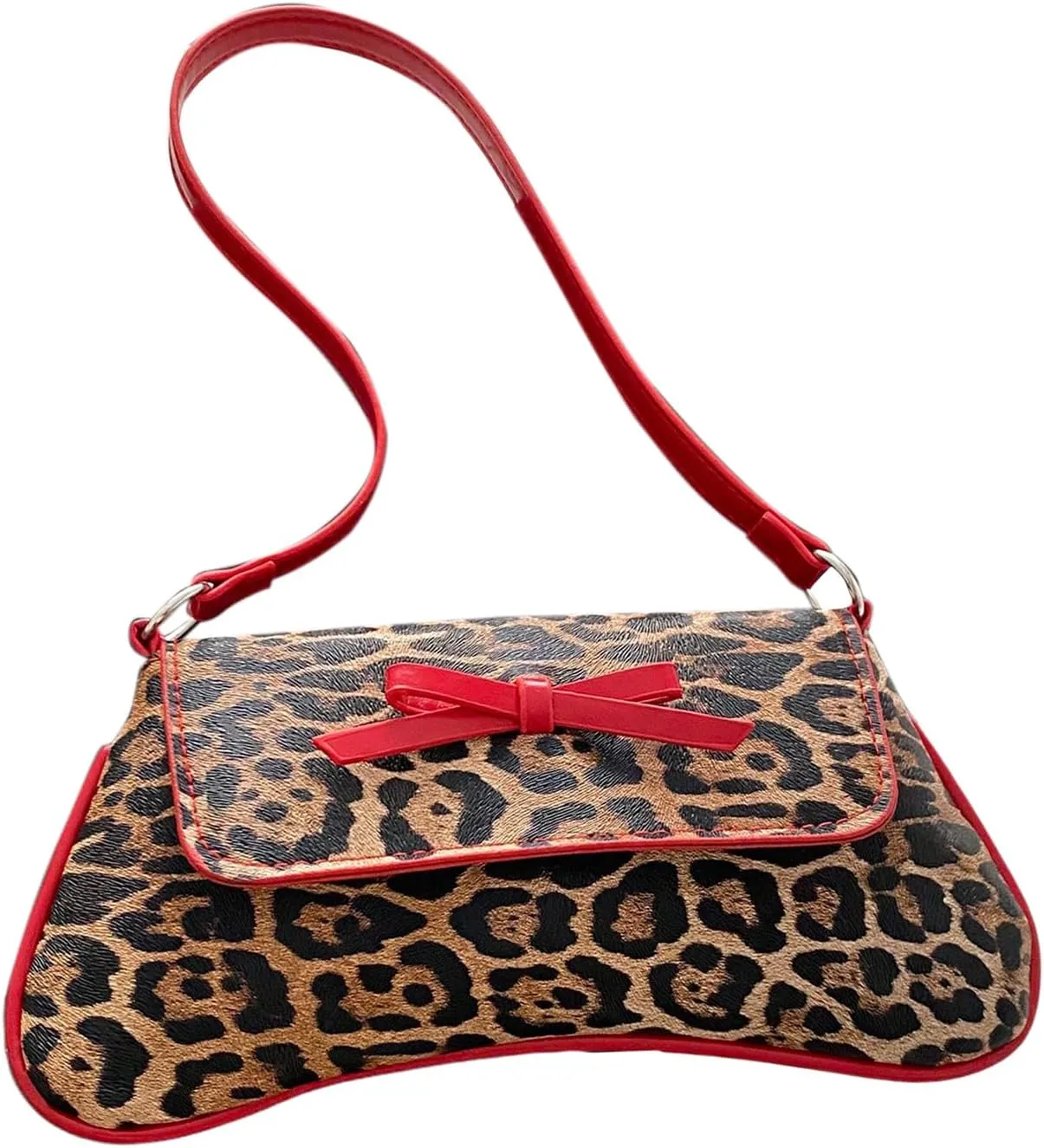 Women's Y2K Leopard Flap Shoulder Handbags Contrast Binding Bowknot Underarm Bag Purse