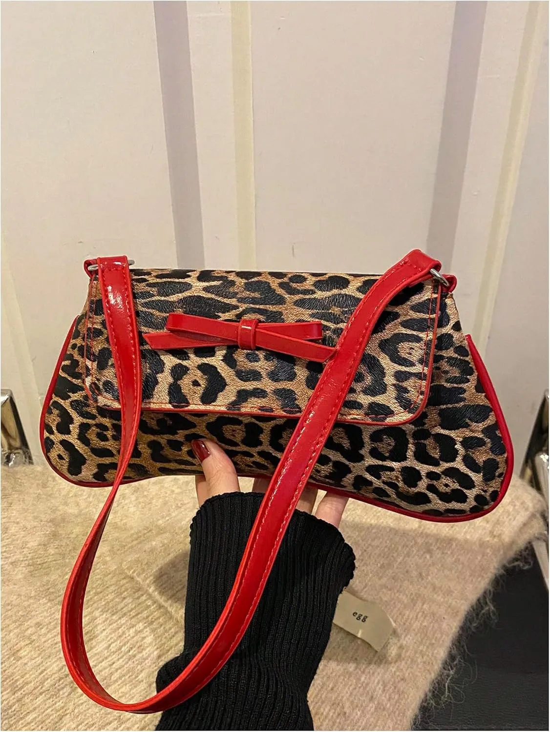 Women's Y2K Leopard Flap Shoulder Handbags Contrast Binding Bowknot Underarm Bag Purse