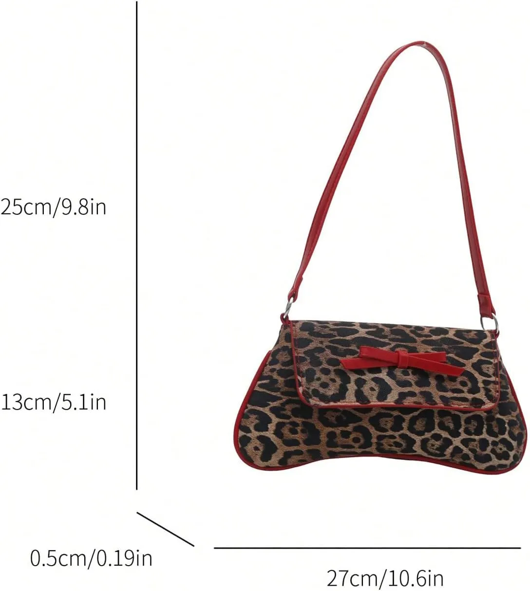 Women's Y2K Leopard Flap Shoulder Handbags Contrast Binding Bowknot Underarm Bag Purse