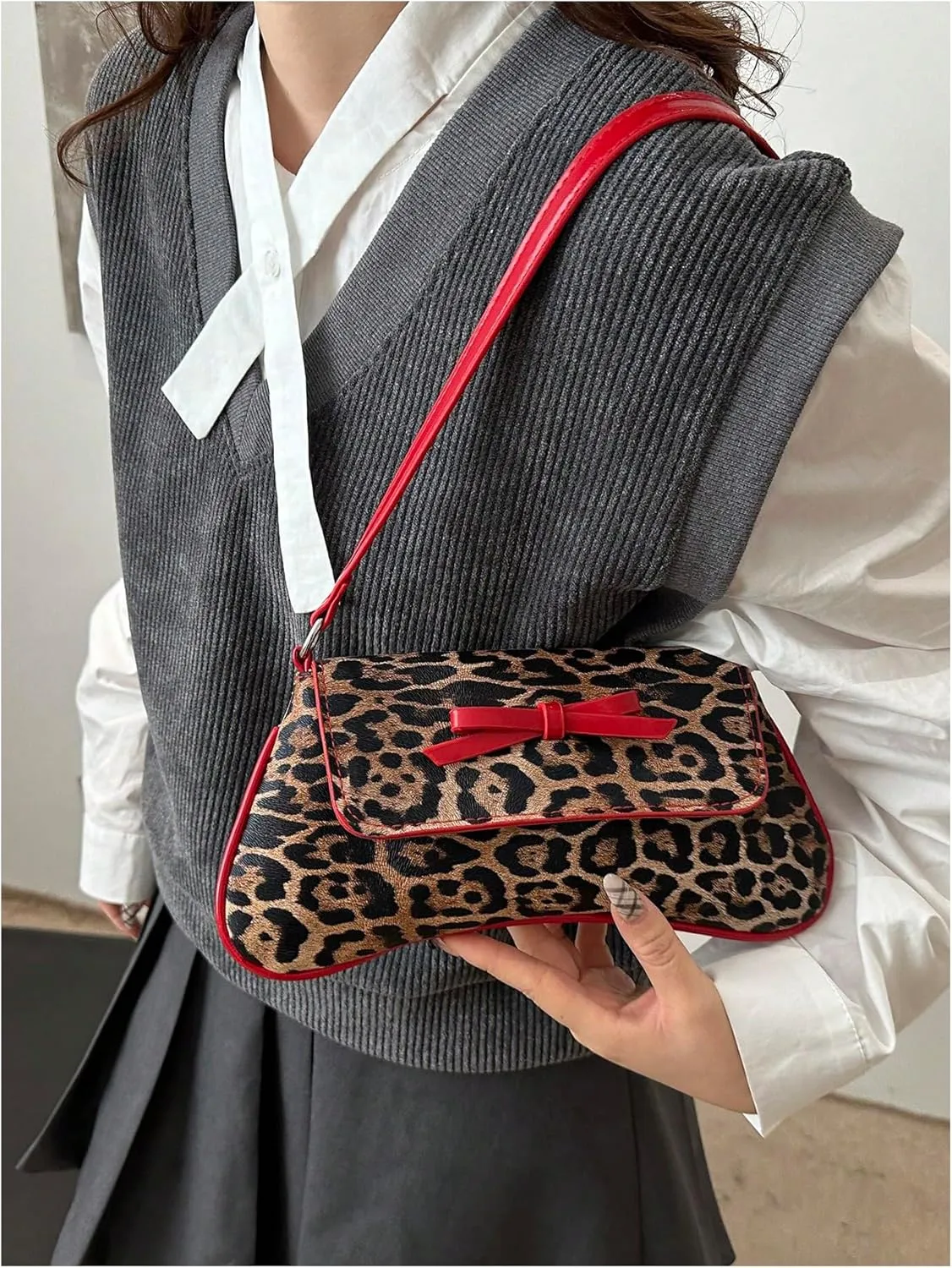 Women's Y2K Leopard Flap Shoulder Handbags Contrast Binding Bowknot Underarm Bag Purse