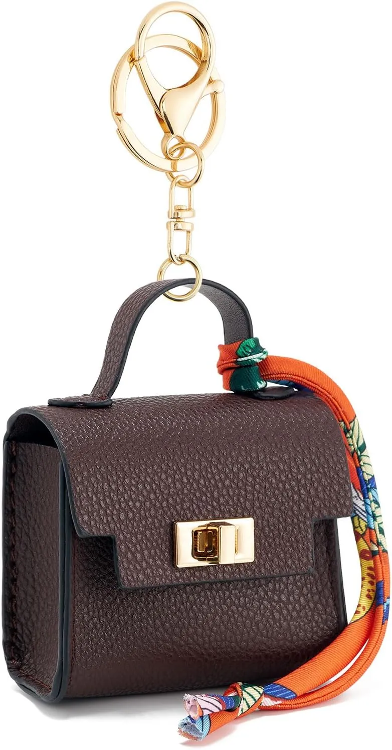 WOZEAH Mini Backpack Keychain for Women,Small Change Pouch Coin Purse Twist-lock with Key Headset Bag（Brown）