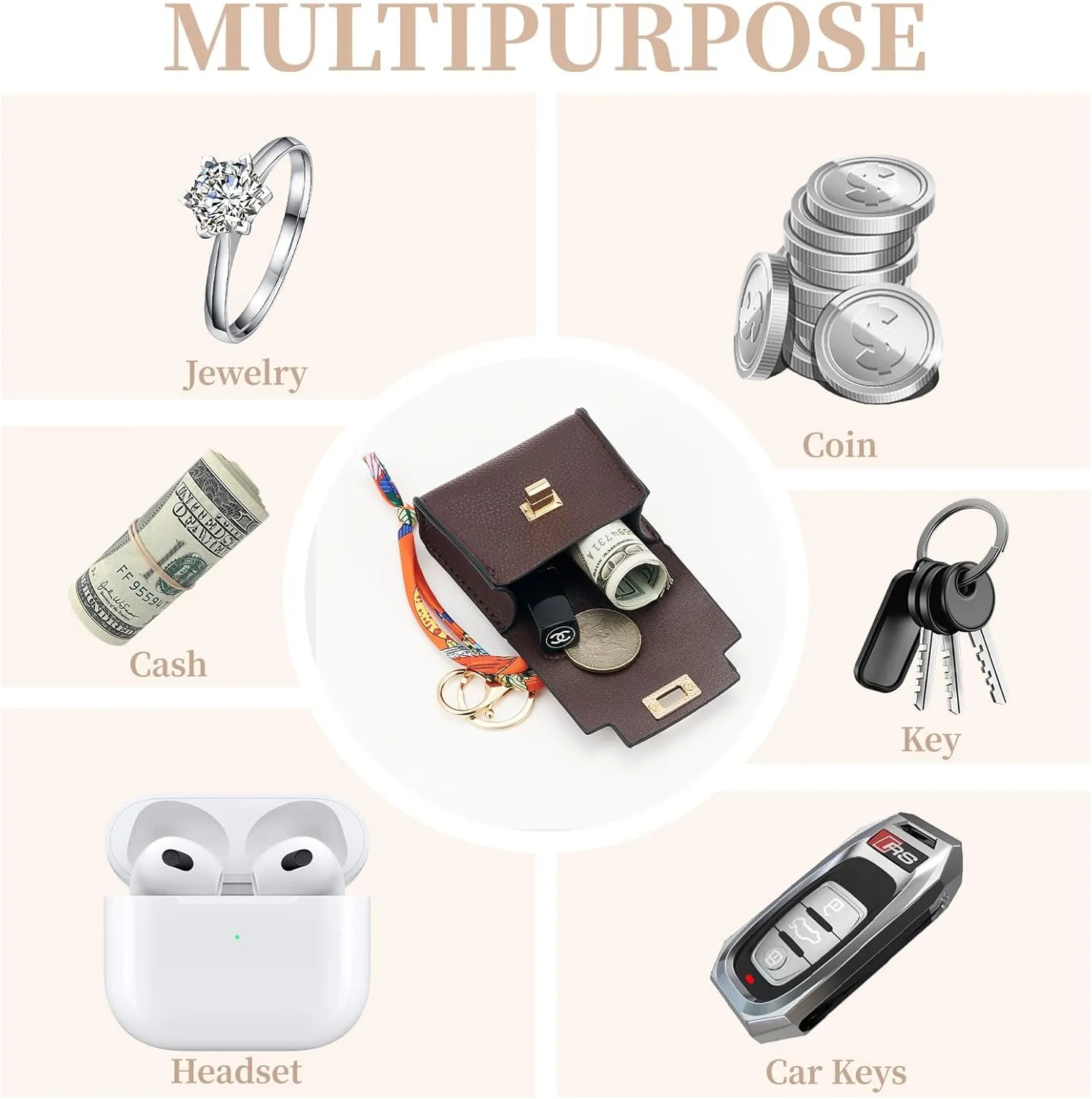 WOZEAH Mini Backpack Keychain for Women,Small Change Pouch Coin Purse Twist-lock with Key Headset Bag（Brown）
